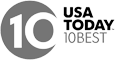 A gray logo featuring a large number 10 with the words "USA TODAY 10BEST" to the right of it.
