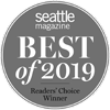 The image shows a circular badge labeled "seattle magazine BEST of 2019 Readers' Choice Winner."