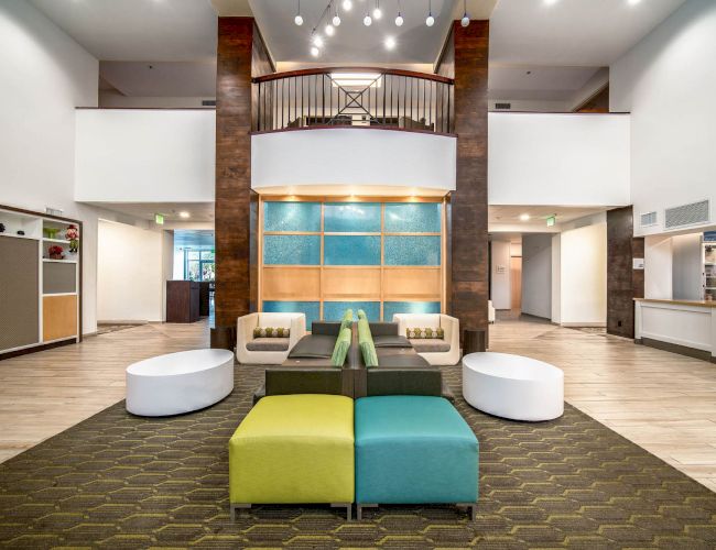 A modern lobby with colorful seating, a textured accent wall, overhead lighting, and wooden floor. The space has a cozy yet stylish ambiance.