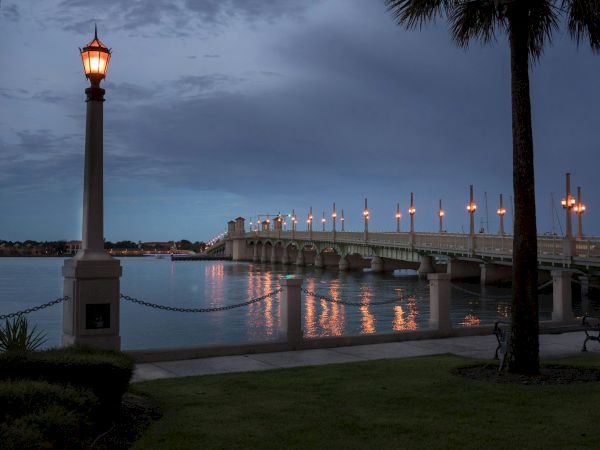 A scenic view of a bridge with lit streetlamps reflecting on the calm water at dusk, framed by palm trees and grassy areas.