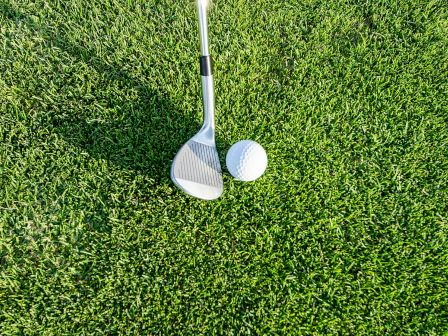 A golf club is positioned next to a golf ball on a grass surface, ready for a shot.